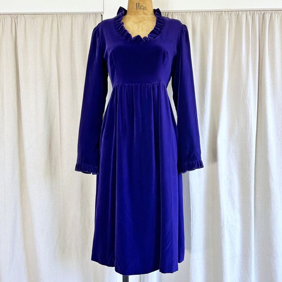 Vintage 60s Purple Velvet Ruffle Collar Empire Renaissance Dress - Picture 1 of 9